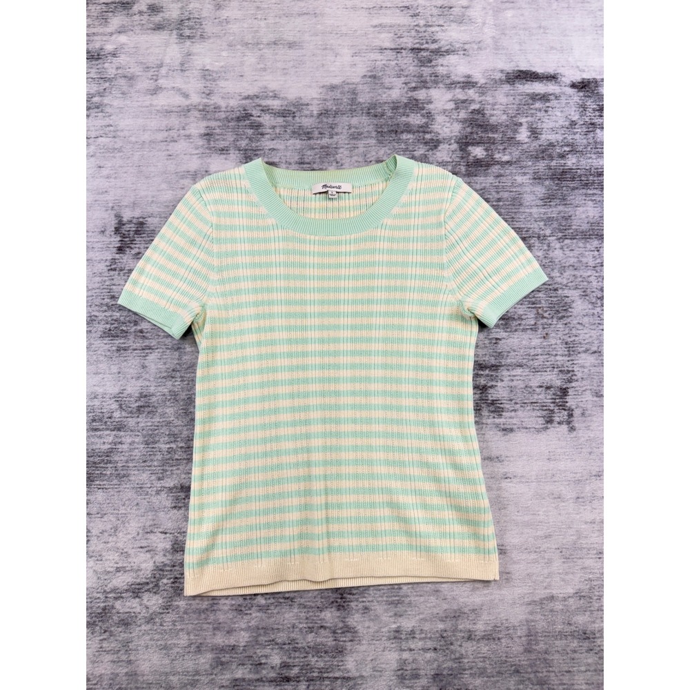 Madewell Womens Small Seafoam Green Cream Striped Cotton Short Sleeve Sweater